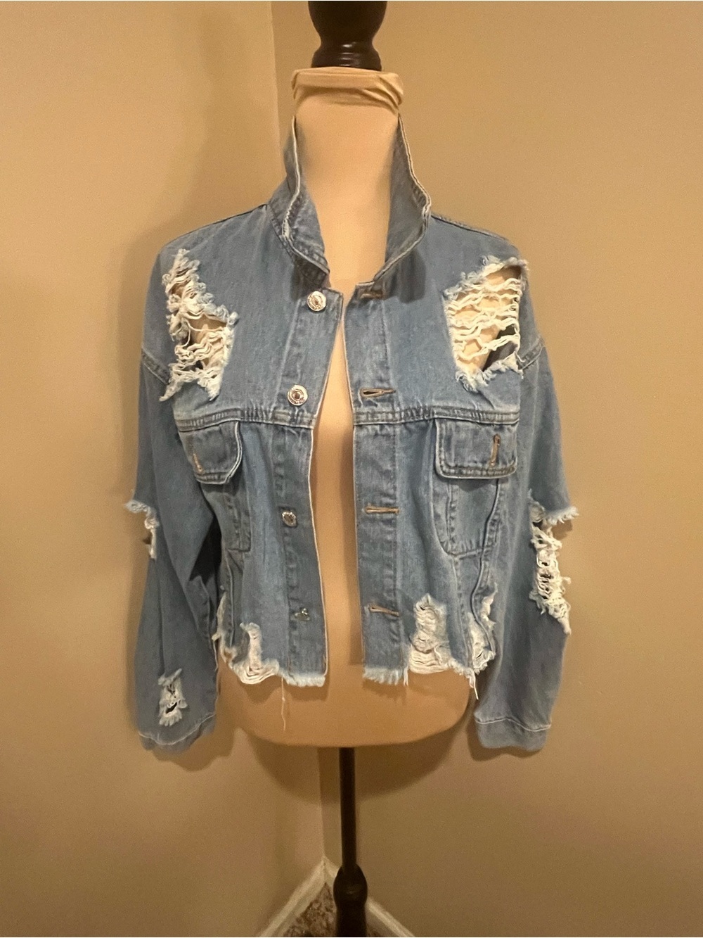 Distressed Edgy Indie Light Blue Denim Jacket - small
